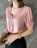 Short Sleeve Heavy Silk Shirt with Lace Trimmed