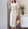 Short Sleeve Silk Jacquard Long Dress in White