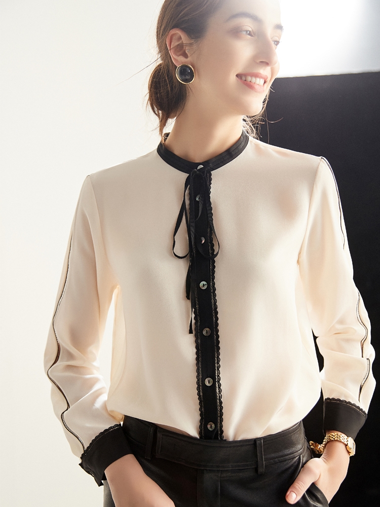  Luxury Pure Silk Collared Blouse for Ladies White