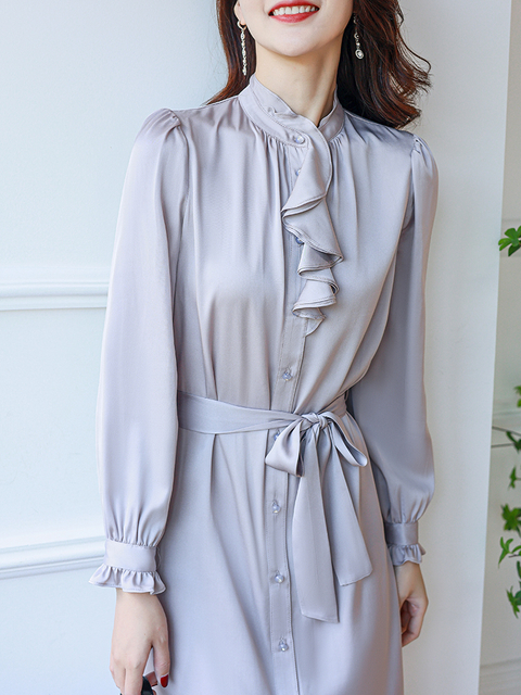 Custom Pretty Gray Silk Dress with Ling Sleeve for Women Daily Wear