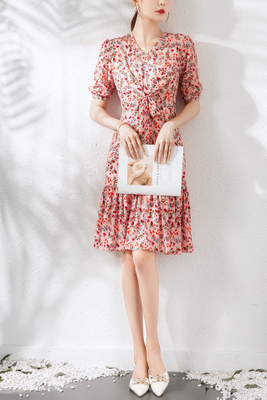  Pure Crepe De Chine Silk Tea Dress Uk with Short Sleeve in Floral Print