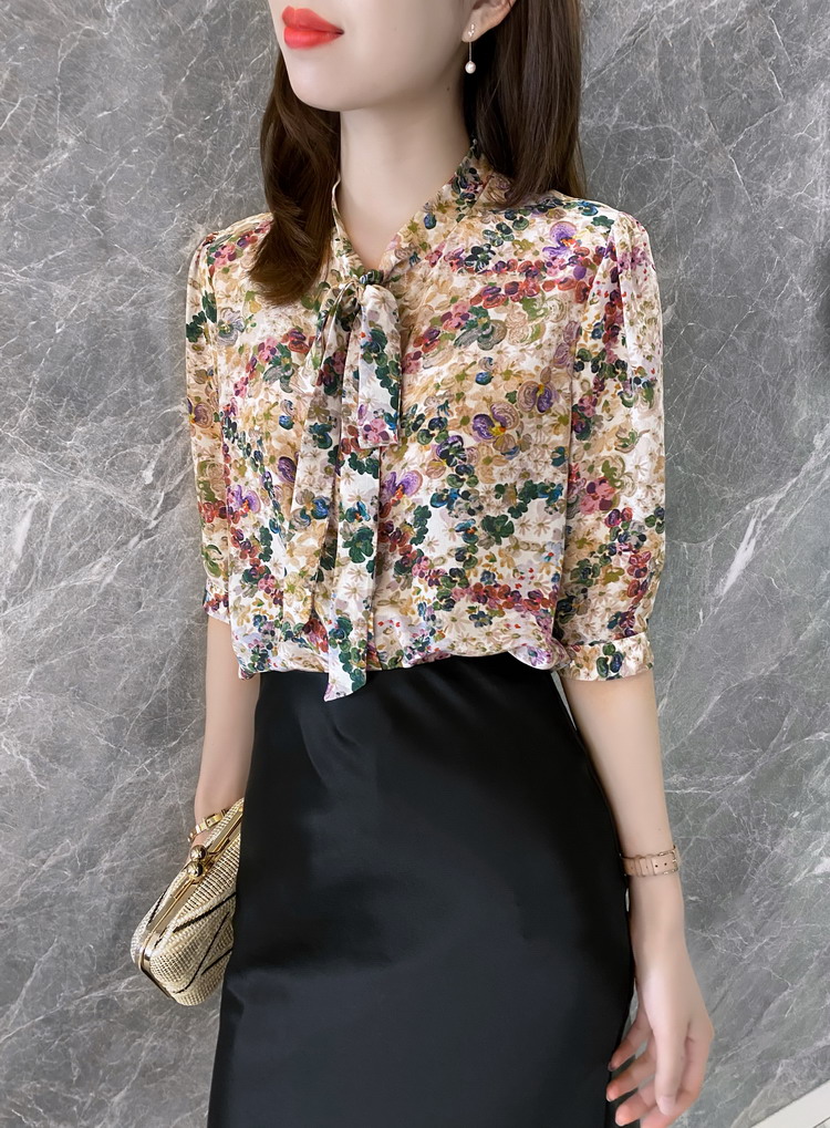 Floral Printed Long Sleeve Button Down Silk Blouse Womens