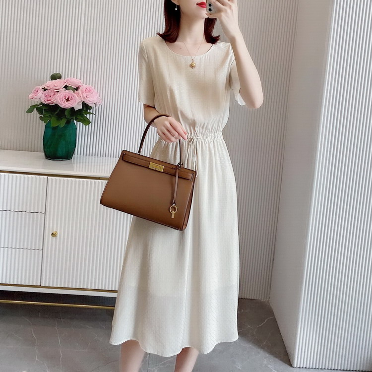 Short Sleeve Silk Jacquard Long Dress in White