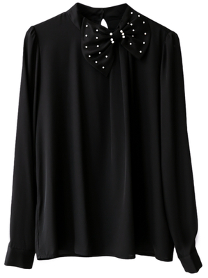 Designer Ladies Black Office Blouse with Bow on The Neck
